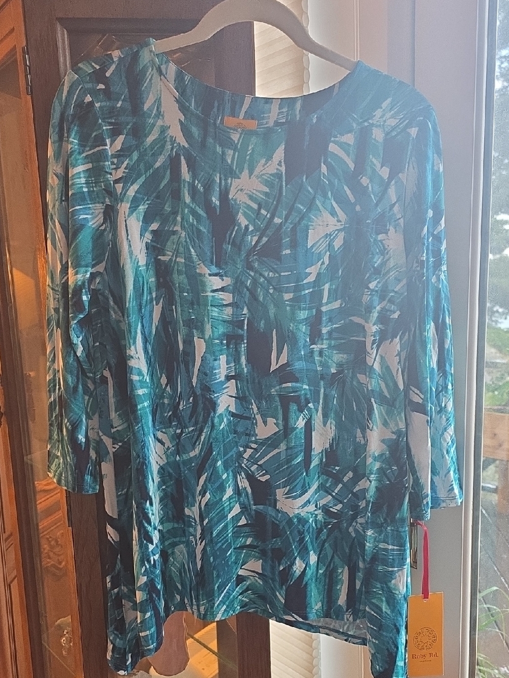 Ruby Rd. Teal, White & Black Abstract Print Women's Top